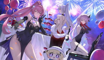 4girls absurdres aemeath_(wuthering_waves) aerial_fireworks ahoge alternate_costume backless_dress backless_outfit balloon bare_back bare_shoulders black_dress black_gloves bottle breasts chinese_commentary closed_mouth commentary_request covered_navel cup denia_(wuthering_waves) dress drinking_glass earrings elbow_gloves fireworks gloves hair_intakes hair_ornament hand_up hands_up highres hiyuki_(wuthering_waves) hongzao_yogar jewelry large_breasts long_hair looking_at_viewer median_furrow multiple_girls night no_panties orange_eyes outdoors pelvic_curtain phoebe_(wuthering_waves) pink_hair ponytail red_dress red_eyes sideboob smile tacet_mark_(wuthering_waves) thigh_strap v wuthering_waves