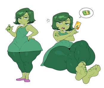absurdres ass breasts colored_skin disgust_(inside_out) foot_focus green_eyes green_hair highres huge_ass inside_out looking_at_viewer short_hair shortstack small_breasts solo thick_thighs thighs