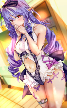 1girl absurdres blush bow breasts clothing_cutout covering_own_mouth drill_hair frilled_one-piece_swimsuit frills grey_hair hair_bow heart heart_o-ring highres long_hair looking_at_viewer medium_breasts multicolored_hair nail_polish navel o-ring o-ring_thigh_strap official_alternate_costume one-piece_swimsuit pointy_ears purple_bow purple_hair purple_nails puvgbfibuk89182 red_eyes solo stomach_cutout streaked_hair swimsuit thigh_strap twin_drills very_long_hair vivian_banshee vivian_banshee_(iris_of_the_shore) white_one-piece_swimsuit zenless_zone_zero