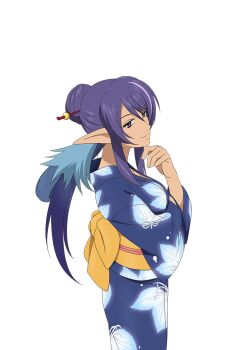 Rule 34 | 1girl, artist request, blue hair, blue kimono, breasts, collarbone, cowboy shot, floral print, floral print kimono, from side, game cg, hair ornament, hand on own chin, japanese clothes, judith (tales), kimono, large breasts, long hair, looking at viewer, multicolored hair, official alternate costume, official art, pointy ears, print kimono, purple eyes, purple hair, smile, solo, tales of (series), tales of asteria, tales of vesperia, third-party source, transparent background, two-tone hair