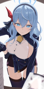1girl :t absurdres ako_(blue_archive) bell black_garter_straps black_skirt black_thighhighs blue_archive blue_eyes blue_hair blue_jacket blurry blurry_foreground blush breasts depth_of_field edible_sus garter_straps hair_between_eyes halo highres hina_(blue_archive) jacket large_breasts leaning_forward looking_at_viewer miniskirt neck_bell paper_stack pencil_skirt pout pov shirt sideboob sideless_shirt skirt solo thighhighs white_shirt