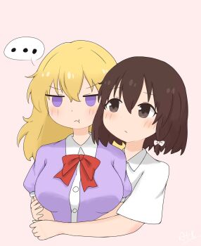 ... 2girls :t annoyed blonde_hair blush bow bowtie brown_eyes brown_hair buttons collared_shirt commentary_request cropped_torso hair_bow hand_on_another's_arm hashtag-only_commentary highres hug hug_from_behind kokoda402989934 light_frown maribel_hearn medium_hair multiple_girls purple_eyes purple_shirt red_bow red_bowtie shirt simple_background spoken_ellipsis touhou usami_renko white_background white_bow white_shirt yuri