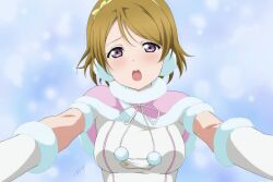 Rule 34 | 1girl, bow, breasts, brown hair, gloves, hair bow, highres, koizumi hanayo, large breasts, looking at viewer, love live!, love live! school idol project, nagi mkrnpn, outstretched arms, purple eyes, short hair, winter clothes