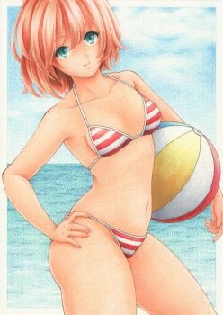 1girl absurdres aqua_eyes ball beachball bikini blue_sky border breasts cloud cloudy_sky collarbone commentary contrapposto cowboy_shot day from_side hand_on_own_hip highres holding holding_ball holding_beachball looking_at_viewer looking_to_the_side medium_breasts midori_(mira567) navel original outdoors outside_border pink_hair short_hair sky solo stomach string_bikini striped_bikini striped_clothes swimsuit traditional_media white_border