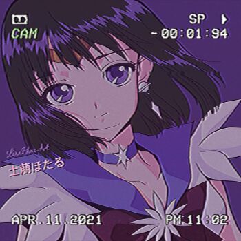 1girl bishoujo_senshi_sailor_moon black_hair blunt_ends bow bowtie breasts choker chromatic_aberration circlet collarbone distortion earrings fake_screenshot faux_retro_artstyle highres jewelry lisazhou_art long_hair looking_at_viewer medium_breasts purple_background purple_choker purple_eyes purple_sailor_collar red_bow red_bowtie retro_artstyle sailor_collar sailor_saturn saturn_(planet) scanlines smile timestamp tomoe_hotaru vhs_artifacts zooming_in