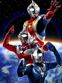 1boy alien arm_up artist_name atmospheric_layer blue_skin color_timer colored_skin commentary compound_eyes dorsal_fin earth_(planet) fighting_stance forehead_jewel galaxy glowing glowing_eyes hands_up hanejidyna86 highres looking_ahead male_focus multicolored_skin multiple_views open_hands outstretched_hand pectorals planet red_skin sky space star_(sky) starry_sky tokusatsu twitter_username ultra_series ultraman_cosmos ultraman_cosmos_(corona_mode) ultraman_cosmos_(eclipse_mode) ultraman_cosmos_(luna_mode) ultraman_cosmos_(series) upper_body white_eyes