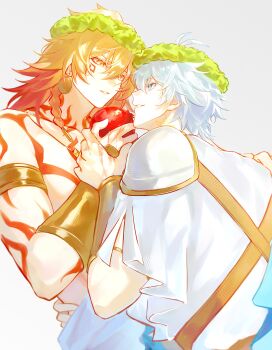 Rule 34 | 2boys, absurdres, alternate costume, ancient greek clothes, antenna hair, arm tattoo, armlet, armor, blonde hair, blue eyes, braid, chest tattoo, chiton, commentary, facial tattoo, food, fruit, fuyunlark15430, gold vambraces, gradient hair, greco-roman clothes, head wreath, highres, holding, holding food, holding fruit, honkai: star rail, honkai (series), jewelry, male focus, medium hair, multicolored hair, multiple boys, mydei (honkai: star rail), neck tattoo, pauldrons, phainon (honkai: star rail), pomegranate, red hair, red tattoo, shirt, short hair, shoulder armor, side braid, single pauldron, sun symbol, sun tattoo, tan, tattoo, untranslatable commentary, white hair, white shirt, yaoi, yellow eyes