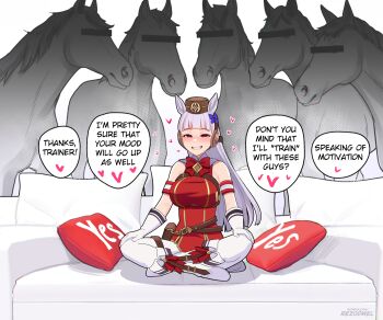 1girl animal_ears boots breasts brown_hat censored censored_identity commentary_request couch dress english_text gloves gold_ship_(red_strife)_(umamusume) gold_ship_(umamusume) grey_hair grin hat heart horse horse_ears horse_girl implied_bestiality large_breasts long_hair looking_at_viewer meme on_couch pantyhose piper_perri_surrounded_(meme) purple_eyes red_dress rezodwel sitting sleeveless sleeveless_dress smile solo_focus speech_bubble umamusume white_boots white_gloves white_pantyhose yes-no_pillow