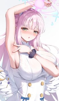 1girl absurdres arm_up armpits blue_archive blush breasts dress enoha hair_bun highres large_breasts long_hair looking_at_viewer mika_(blue_archive) open_mouth pink_hair presenting_armpit sidelocks single_side_bun sleeveless sleeveless_dress solo spread_armpit sweat white_dress yellow_eyes