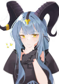 1girl arknights bang_dream! bang_dream!_it&#039;s_mygo!!!!! black_dress black_ribbon black_wrist_cuffs blue_hair blush dress hair_ribbon hand_on_own_chin highres horns kebohan long_hair looking_at_viewer puffy_short_sleeves puffy_sleeves ribbon short_sleeves sidelocks simple_background solo sparkle togawa_sakiko togawa_sakiko_(master_of_melodia) upper_body white_background wrist_cuffs yellow_eyes