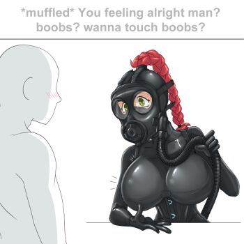 Rule 34 | 1boy, 1girl, black bodysuit, bodysuit, boobs? wanna touch boobs? (meme), braid, braided ponytail, breast padding, breasts, breathing tube, bsfs, commander rab(layer industries), corset, english text, gas mask, gimp mask, gimp suit, green eyes, high ponytail, kat andrews, large breasts, latex, latex bodysuit, long hair, looking at another, mask, meme, original, ponytail, red hair, shiny clothes, skin tight