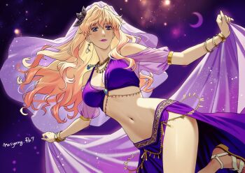 1girl alternate_costume arabian_clothes bangle bare_shoulders belly_chain belly_dancing blonde_hair blue_eyes bracelet breasts cleavage commentary_request crescent_moon crop_top earrings flower gold_necklace hair_between_eyes hair_ornament harem_outfit highres holding_sarong jewelry large_breasts leg_up long_hair long_skirt looking_at_viewer macross macross_frontier moon navel necklace parted_lips pink_lips purple_sarong purple_skirt purple_veil ryu_(masu_nantoka-san) sandals sarong see-through_clothes sheryl_nome side_slit single_earring skirt sky solo star_(sky) starry_sky stomach thighs twitter_username veil wavy_hair