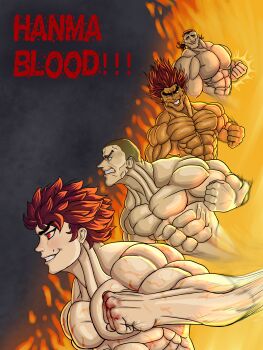 Rule 34 | 4boys, abs, absurdres, artist request, blood, brown eyes, brown hair, clenched hand, family, father and child, father and son, fighting stance, grandfather and grandson, grappler baki, hanma baki, hanma yujiro, hanma yuuchirou, highres, incoming attack, jack hanma, looking away, looking to the side, male focus, multiple boys, muscular, muscular arms, muscular male, parent and child, pectorals, punching, red eyes, red hair, smile, smirk, smug, tan