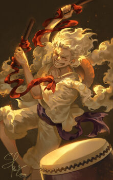 1boy ^_^ clenched_teeth closed_eyes commentary drum english_commentary gear_fifth hagoromo hair_up hat highres holding instrument male_focus monkey_d._luffy one_piece purple_sash red_ribbon ribbon sash scar scar_on_face shawl shirt shorts signature skar_1004 solo straw_hat teeth thick_eyebrows white_hair white_shirt white_shorts