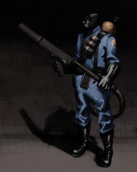 Rule 34 | 1boy, absurdres, black boots, black gloves, blu pyro (tf2), blue bodysuit, bodysuit, boots, explosive, flamethrower, full body, gas mask, gloves, grenade, highres, holding, holding flamethrower, holding weapon, ibumuc, male focus, mask, pyro (tf2), solo, standing, team fortress 2, weapon