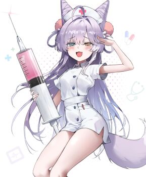 1girl :3 :d ahoge artist_request blush collared_dress commentary_request cone_hair_bun double_bun dress fang feet_out_of_frame fox_girl fox_tail hair_bun hair_intakes hair_ornament hair_rings hand_up hat highres holding holding_syringe korean_commentary looking_at_viewer nurse_cap open_mouth oversized_object parted_bangs pill pom_pom_(clothes) pom_pom_hair_ornament raised_inner_eyebrows salute second-party_source short_dress short_sleeves smile solo standing stellive syringe tail tenko_shibuki virtual_youtuber white_background white_dress wing_collar
