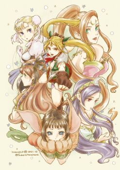 6+girls animal_ears animal_hands armor asymmetrical_bangs backless_dress backless_outfit blue_eyes boots breastplate breasts brown_eyes brown_hair carrot child chrono_cross cleavage colored_eyelashes double_bun dress face_in_hands facepaint fighting_stance fingerless_gloves full_body fur_trim gloves green_dress green_eyes hair_bun hair_ornament hairband head_chain high_ponytail highres holding holding_carrot holding_string janice_(chrono_cross) jewelry leena_(chrono_cross) lipstick long_hair long_sleeves looking_at_viewer looking_back makeup marcy_(chrono_cross) maruno medium_breasts miki_(chrono_cross) multiple_girls neck_ribbon necklace open_mouth orlha_(chrono_cross) plunging_neckline ponytail puffy_sleeves punching purple_hair red_eyes ribbon riddel_(chrono_cross) short_hair short_sleeves shoulder_armor string twintails upper_body wrist_cuffs yellow_background