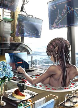 1girl absurdres back bathroom bathtub black_hair bottle breasts cake cake_slice computer cup dark-skinned_female dark_skin elf flower food glass highres huge_breasts laptop long_hair miyu_(miyu_heuung) monitor note nude original petals pointy_ears red_eyes serious towerl window