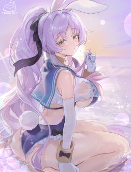 1girl absurdres alice_vu animal_ear_hairband animal_ears artist_logo ass backless_swimsuit bare_shoulders beach blue_one-piece_swimsuit breasts closed_mouth colored_eyelashes commentary crop_top cropped_shirt elbow_gloves fake_animal_ears fake_tail gloves green_eyes hairband highres horizon large_breasts logo looking_at_viewer neckerchief ocean one-piece_swimsuit outdoors pink_neckerchief playboy_bunny_swimsuit rabbit_ear_hairband rabbit_ears rabbit_tail shia_(stella_sora) shirt sideboob solo stella_sora sunset swimsuit symbol-only_commentary tail water white_gloves white_shirt