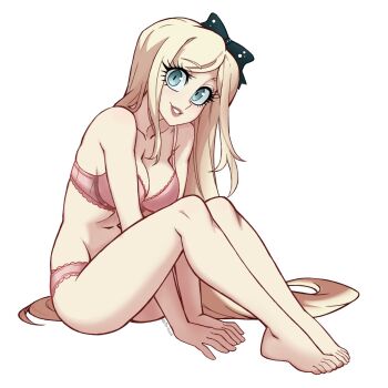 1girl barefoot blonde_hair bow bra braid breasts cleavage commentary danganronpa_(series) danganronpa_2:_goodbye_despair hair_bow highres large_breasts long_hair looking_at_viewer open_mouth panties parta_228 pink_bra pink_panties simple_background smile solo sonia_nevermind teeth underwear