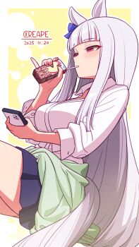 1girl animal_ears blue_skirt blunt_bangs blush bow breasts clothes_around_waist collared_shirt creape drinking_straw drinking_straw_in_mouth ear_bow gold_ship_(umamusume) green_jacket grey_hair highres holding holding_juice_box holding_phone horse_ears horse_girl horse_tail jacket jacket_around_waist juice_box large_breasts long_hair long_sleeves no_headwear phone purple_bow purple_eyes shirt skirt solo tail umamusume white_shirt