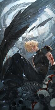 1boy armor black_feathers black_wings blonde_hair blood blood_on_face bone boots cloud_strife dark_persona feathers final_fantasy final_fantasy_vii final_fantasy_vii_remake green_eyes highres jingsang_w male_focus pauldrons short_hair shoulder_armor single_pauldron sitting skull sleeveless smile spiked_hair suspenders wings