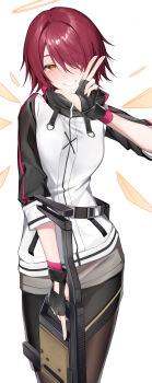 1girl :d absurdres arknights black_gloves black_skirt black_sleeves blush brown_pantyhose commentary cowboy_shot detached_wings exusiai_(arknights) fingerless_gloves gloves grin gun hair_over_one_eye halo highres holding holding_gun holding_weapon jacket one_eye_covered open_mouth orange_halo pantyhose r_oot red_hair short_hair simple_background skirt smile solo standing symbol-only_commentary traditional_halo weapon white_background white_jacket wings