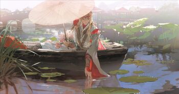 1boy 1other absurdres alkaid_mcgrath alkaid_mcgrath_(love_tome) architecture arm_guards black_boots black_sash blonde_hair boat boots bridge cape chinese_clothes closed_mouth day east_asian_architecture expressionless feet_out_of_frame flower gazebo grass green_eyes hair_between_eyes hanfu headband high_ponytail highres holding holding_umbrella lake lily_pad long_hair long_sleeves looking_down lotus lotus_leaf lovebrush_chronicles male_focus official_alternate_costume oil-paper_umbrella on_boat out_of_frame outdoors outstretched_arm pink_flower ponytail red_cape red_hanfu red_headband reflection reflective_liquid sash shule_de_yu side_cape sitting solo_focus sunlight tassel two-sided_fabric umbrella very_long_hair waist_sash water watercraft white_hanfu white_umbrella wide_sleeves