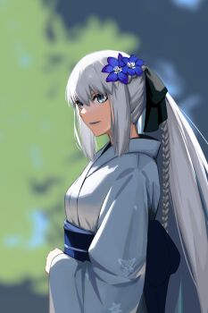 1girl black_bow blue_eyes bow braid breasts commentary_request fate/grand_order fate_(series) flower grey_hair hair_bow hair_flower hair_ornament highres japanese_clothes kimono long_hair long_sleeves looking_at_viewer medium_breasts morgan_le_fay_(fate) obi paperpillar ponytail sash sidelocks smile solo very_long_hair white_kimono wide_sleeves