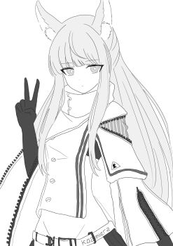 1girl :< absurdres animal_ear_fluff animal_ears arknights belt blunt_bangs commentary_request cowboy_shot dot_nose elbow_gloves expressionless gloves greyscale groin high_collar highres horse_ears horse_girl kazimierz_logo long_hair long_sleeves looking_at_viewer mitsumoto_amata monochrome platinum_(arknights) shirt sideless_shirt simple_background sleeve_zipper solo sports_bra unzipped v white_background