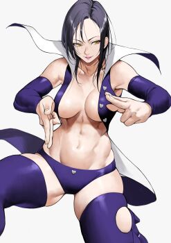 1girl absurdres bad_id bad_twitter_id black_hair blue_sleeves blue_thighhighs breasts detached_sleeves grey_background highres large_breasts lips merlin_(nanatsu_no_taizai) nanatsu_no_taizai navel simple_background smile solo stomach thighhighs yellow_eyes yoshio_(55level)