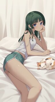 1girl :/ absurdres bare_arms bed_sheet blue_eyes blunt_bangs breasts camisole cat closed_mouth commentary_request contemporary dolphin_shorts flat_chest green_hair hand_on_own_chin highres kusuriya_no_hitorigoto long_hair looking_at_viewer lying mao_mao_the_cat maomao_(kusuriya_no_hitorigoto) midriff_peek navel on_side profnote short_shorts shorts small_breasts solo strap_slip white_camisole wispy_bangs