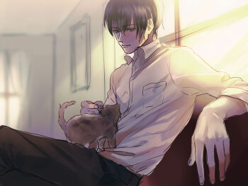 1boy animal black_hair black_pants cat closed_mouth collar curtains harry_potter_(series) indoors kirikawa_juu light_smile looking_at_animal male_focus pants petting regulus_black shirt short_hair sitting solo white_shirt window wing_collar wizarding_world