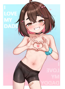 1girl bandaid bandaid_on_leg blue_background blush brown_eyes brown_hair choker covering_breasts covering_privates eyebrows_visible_through_hat fangs flat_chest gemba_(dlfms75) hair_between_eyes hair_ornament hair_ribbon heart heart_choker heart_hair_ornament heart_hands highres loli looking_at_viewer mizuki_yui_(gemba_(dlfms75)) mole mole_under_eye multicolored_hair navel original pantyhose pink_background pink_hair ribbon scrunchie see-through_pantyhose short_hair simple_background smile solo text_background topless_female white_background wrist_scrunchie