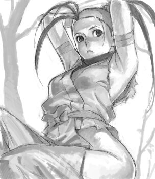 1girl antenna_hair armpits bandages black_hair breasts closed_mouth clothing_cutout greyscale high_ponytail hip_vent ibuki_(street_fighter) long_hair looking_at_viewer mana30row monochrome ninja ponytail solo street_fighter street_fighter_iii_(series)
