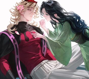 Rule 34 | 1boy, 1girl, black hair, blonde hair, commentary request, couple, deadprince, douma (kimetsu no yaiba), flower, green eyes, green kimono, hair flower, hair ornament, hashibira kotoha, highres, japanese clothes, kimetsu no yaiba, kimono, long hair, multicolored eyes, pants, pink flower, rainbow eyes, red shirt, shirt, turtleneck, white pants
