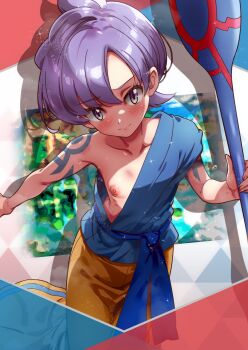1girl anabel_(pokemon) arm_tattoo blush breasts brown_skirt brycen_(pokemon) closed_mouth collarbone commentary_request cosplay eyelashes grey_eyes highres holding holding_staff nintendo nipples one_breast_out pokemon pokemon_emerald pokemon_rse purple_hair revision rorretsim short_hair single_bare_arm skirt smile solo spenser_(pokemon) spenser_(pokemon)_(cosplay) staff tattoo