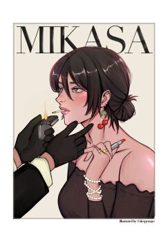 1boy 1girl absurdres bare_shoulders black_dress black_gloves black_hair black_jacket border bracelet breasts character_name cherry_earrings cigarette commentary cosmetics detached_sleeves dress earrings fire food-themed_earrings food_themed_earrings gloves grey_background grey_eyes hair_between_eyes hair_bun hair_rings highres holding holding_lighter holding_lipstick_tube jacket jewelry light_blush lighter lighting_another's_cigarette lipstick_tube looking_at_another maye medium_breasts medium_hair mikasa_ackerman multiple_earrings pearl_bracelet shingeki_no_kyojin shirt twitter_username updo upper_body white_border white_shirt