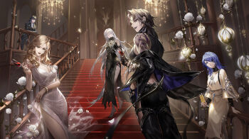 arm_tattoo artist_request black_lips bracelet breasts bridge_piercing chandelier character_request coat coat_on_shoulders dress ear_piercing face_piercing glitter_dress gold_bracelet highres jewelry langley_(banquet_guest)_(path_to_nowhere) langley_(path_to_nowhere) large_breasts multiple_girls official_art path_to_nowhere piercing shoulder_tattoo stairs tattoo toned toned_female zoya_(path_to_nowhere)