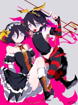 2boys abrtskrg_harukk bare_shoulders black_dress black_hair boots clothes_lift collar commentary_request crossdressing crossdressing_(mtf) danganronpa_(series) danganronpa_v3:_killing_harmony demon_boy demon_tail detached_collar detached_sleeves dress dress_lift elbow_gloves fang flipped_hair floating frilled_dress frilled_hairband frills gloves grey_background hair_between_eyes hairband halloween_costume highres holding holding_pitchfork knee_boots lace-up_boots light_smile lolita_fashion looking_at_viewer male_focus multiple_boys navel oma_kokichi open_mouth pitchfork pointy_ears pretty_panties_akuma_rin_(vocaloid) purple_eyes purple_hair shirt short_hair signature silhouette skin_fang sleeveless sleeveless_shirt smile spiked_collar spikes tail trap white_gloves yellow_hairband