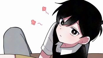 2boys :&lt; antenna_hair black_eyes black_hair black_sweater_vest brown_shorts closed_mouth collared_shirt commentary double-parted_bangs feet_out_of_frame flower from_above grey_pants hair_behind_ear hair_between_eyes hero_(faraway)_(omori) hero_(omori) kiimorisame looking_at_viewer male_focus multiple_boys omori pants pink_flower pov pov_crotch shirt short_hair short_sleeves shorts simple_background sitting sitting_on_lap sitting_on_person solo_focus sunny_(omori) sweater_vest symbol-only_commentary very_short_hair white_background white_shirt