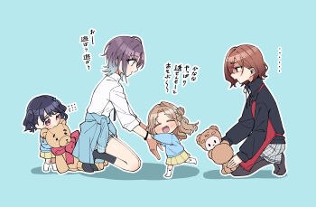 4girls absurdres ahoge apron asakura_toru black_hair black_pantyhose black_socks blue_background blue_hair brown_hair closed_eyes commentary_request flower fukumaru_koito gradient_hair grey_skirt hair_bun hair_flower hair_ornament hair_ribbon hairclip hammock highres higuchi_madoka ichikawa_hinana idolmaster idolmaster_shiny_colors long_hair miniskirt mole mole_under_eye multicolored_hair multiple_girls noctchill_(idolmaster) pantyhose plaid_clothes plaid_skirt pleated_skirt purple_eyes red_apron ribbon school_uniform short_hair single_hair_bun single_side_bun skirt socks stuffed_animal stuffed_toy sweater swept_bangs teddy_bear translated trike_03 twintails