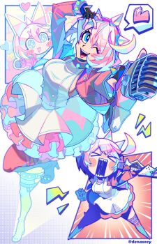 Rule 34 | > <, + +, 1girl, artist name, black gloves, blue eyes, boots, bracelet, breasts, collar, commentary, denaseey, dress, elphelt valentine, fingerless gloves, gloves, guilty gear, guilty gear strive, hair between eyes, hairband, heart, highres, holding, holding microphone, jacket, jewelry, long sleeves, medium breasts, microdress, microphone, multiple girls, one eye closed, open clothes, open jacket, open mouth, pink boots, pink hair, pink jacket, sharp teeth, short hair, sideboob, smile, sparks, speech bubble, spiked bracelet, spiked collar, spiked hairband, spikes, spoken heart, teeth, thigh boots, twitter username, white dress