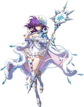 1girl armor blue_gemstone blue_ribbon boots breasts capelet cleavage cloak closed_mouth crystal crystal_hair_ornament dress floating_cape floating_hair fold-over_boots frilled_dress frills full_body fur-trimmed_cloak fur_hat fur_trim game_cg gem gem-studded gold_trim hair_between_eyes hair_ornament hand_in_own_hair hat high_heel_boots high_heels highres holding holding_staff knee_boots lace lambda_(langrisser) langrisser langrisser_mobile langrisser_v large_breasts leg_up light_smile looking_at_viewer mage_staff medium_hair official_art pom_pom_(clothes) purple_gemstone purple_hair purple_ribbon ribbon sash short_dress shoulder_armor single_thighhigh sleeveless sleeveless_dress solo sparkle_print staff standing standing_on_one_leg tachi-e thighhighs thighs third-party_source transparent_background two-tone_cloak white_boots white_capelet white_cloak white_dress white_hat white_sash white_thighhighs white_wrist_cuffs wrist_cuffs yellow_eyes