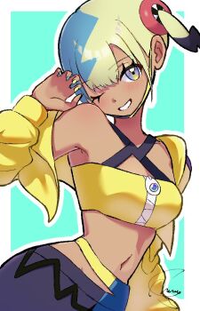 1girl bandeau belt black_belt canari_(pokemon) commentary eyelashes green_background grey_eyes grin hand_up jacket looking_at_viewer mask mask_pull meru_merume603 mouth_mask multicolored_hair multicolored_nails nail_polish nintendo one_eye_closed open_clothes open_jacket outline pants pokemon pokemon_legends:_z-a signature smile solo teeth yellow_bandeau yellow_jacket zipper zipper_pull_tab