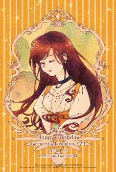1girl black_choker bodysuit breasts brown_hair character_name choker closed_eyes commentary_request copyright_name crystal dated final_fantasy final_fantasy_ix garnet_til_alexandros_xvii happy_birthday highres jewelry juliet_sleeves light_smile long_hair long_sleeves medium_breasts orange_background orange_bodysuit pendant portrait puffy_sleeves shirt solo swept_bangs tamagodamaco twitter_username upper_body v_arms white_shirt