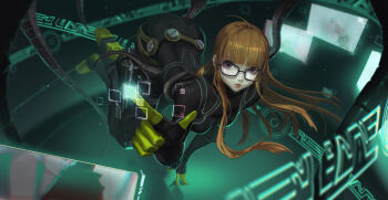 1girl ahoge ass black-framed_eyewear black_bodysuit black_gloves black_pants blunt_bangs blush bodysuit breasts brown_hair glasses gloves holographic_interface holographic_monitor holographic_touchscreen lips long_hair morgana_(persona_5) necronomicon_(persona_5) oracle_(persona_5) pants parted_lips persona persona_5 purple_eyes sakura_futaba small_breasts solo takamaki_anne tentacles vafar7