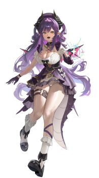 1girl belt black_shoes breasts bxlm08 cleavage commentary dragon_girl dragon_horns dragon_tail dragon_wings dress fang frilled_socks frills full_body glint gloves hashtag-only_commentary hat highres horns jewelry lace lace_panties large_breasts long_hair looking_at_viewer necklace open_mouth panties pantyshot pointy_ears purple_gloves purple_hair purple_hat sakihane_huya shoes simple_background skin_fang slit_pupils socks solo stellive tail thigh_belt thigh_strap underwear very_long_hair virtual_youtuber white_background white_panties white_socks wings yellow_eyes