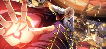 1boy arm_behind_back ascot beard cape charles_zi_britannia clenched_hand closed_mouth code_geass code_geass:_lost_stories epaulettes f4samurai facial_hair flag forehead full_beard furrowed_brow game_cg geass gloves grey_hair highres holy_britannian_flag indoors jacket long_hair looking_at_viewer male_focus military_uniform official_art old old_man pillar purple_eyes purple_jacket red_cape shouting solo standing two-sided_cape two-sided_fabric v-shaped_eyebrows white_ascot white_gloves