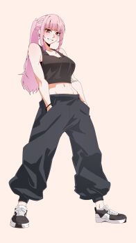 1girl alternate_costume black_shoes blunt_bangs blush bracelet breasts bright_pupils collarbone commentary crop_top english_commentary full_body grey_pants grey_shirt hands_in_pockets highres hololive hololive_english jewelry long_hair lord_joeboto midriff mori_calliope navel pants pink_hair ponytail red_eyes shirt shoelaces shoes sidelocks simple_background smile solo standing sweatpants teeth virtual_youtuber white_background white_pupils